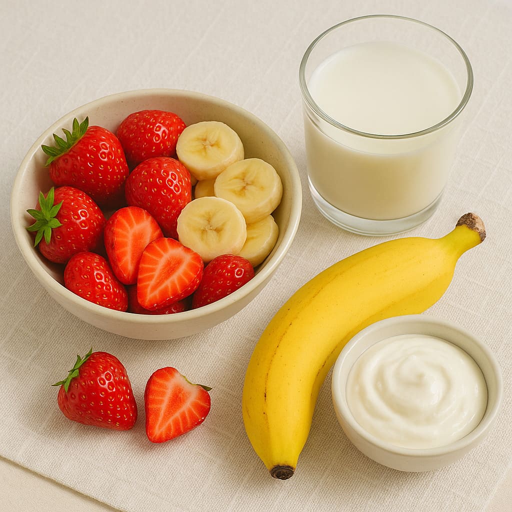 Ingredientes para batido de fresa y plátano: fresas, plátano, leche y yogur en una mesa.