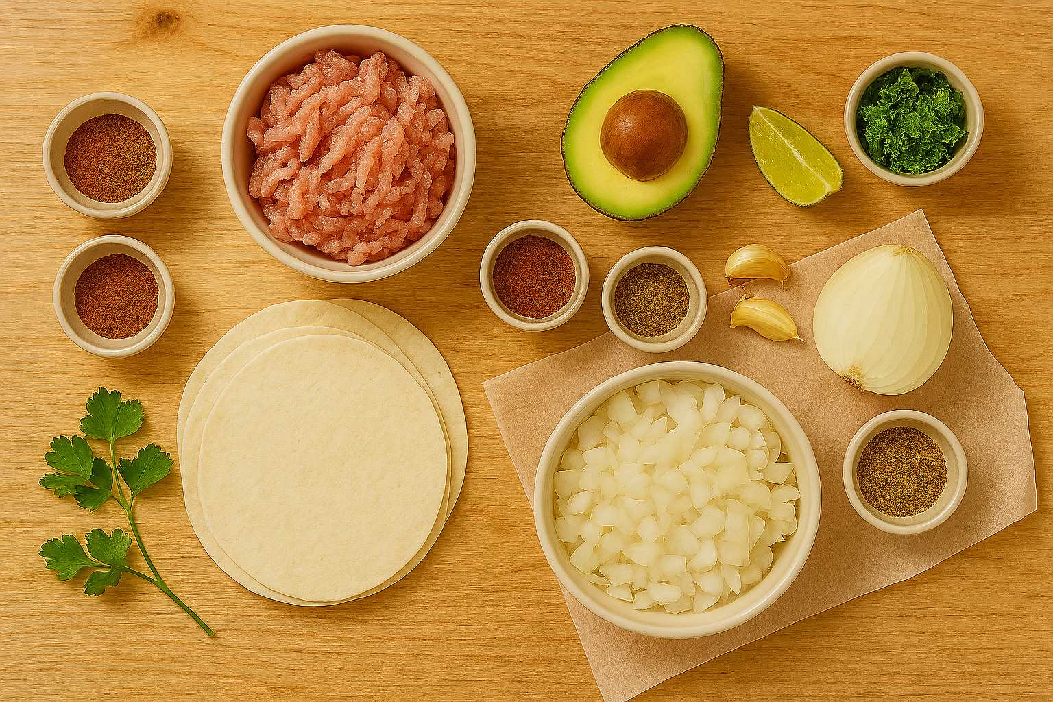 Ingredientes para la receta de tacos de pavo saludables: carne de pavo molida, cebolla, ajo, especias y tortillas de maíz.