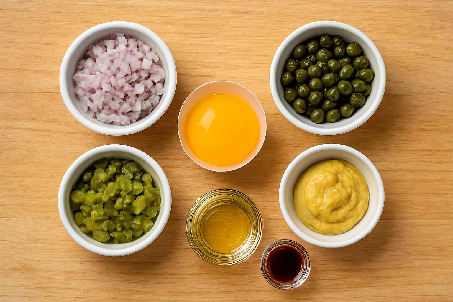 Preparación de los ingredientes del aliño Mise en place para el aliño del steak tartar, con pequeños boles mostrando la cebolleta, alcaparras, pepinillos y yema de huevo.