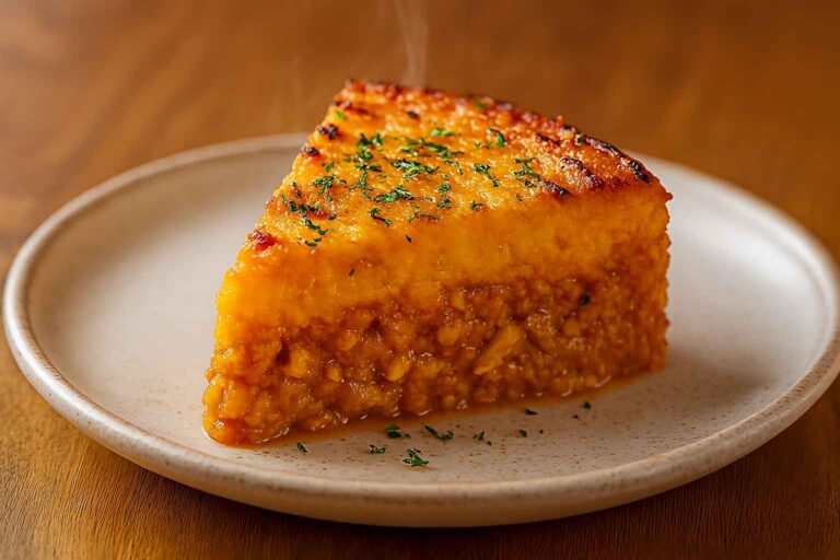 Porción de pastel de pollo y patata casero recién servido en plato blanco, con puré gratinado y relleno consistente, decorado con perejil.