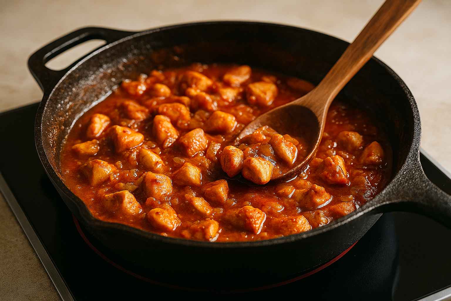 Relleno de pollo guisado con verduras en una sartén, listo para montar el pastel.