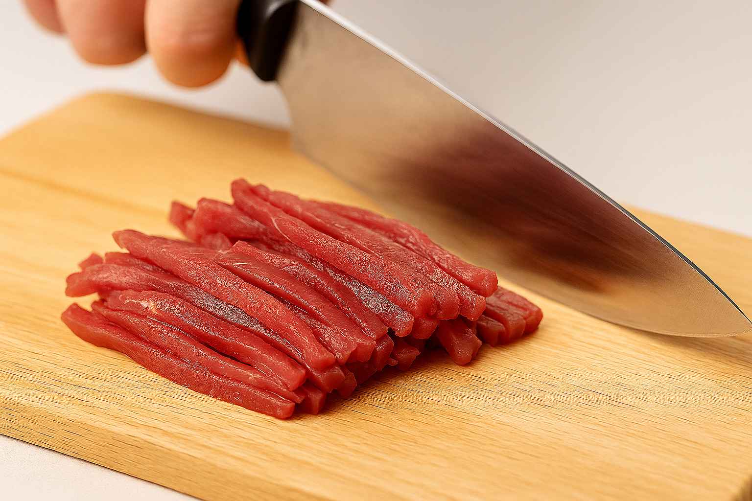 Cortar la carne para steak tartar en tiras Proceso de cortar los filetes de solomillo en tiras finas con un cuchillo afilado.