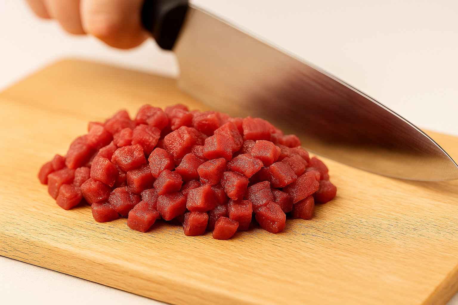 Picar la carne para tartar a cuchillo en dados pequeños Carne de solomillo finalmente cortada en dados (pequeños), mostrando la textura perfecta para el tartar.