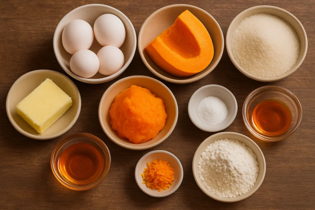 Ingredientes para el bizcocho de calabaza de la abuela: calabaza, huevos, azúcar, harina, mantequilla, miel, naranja y levadura.