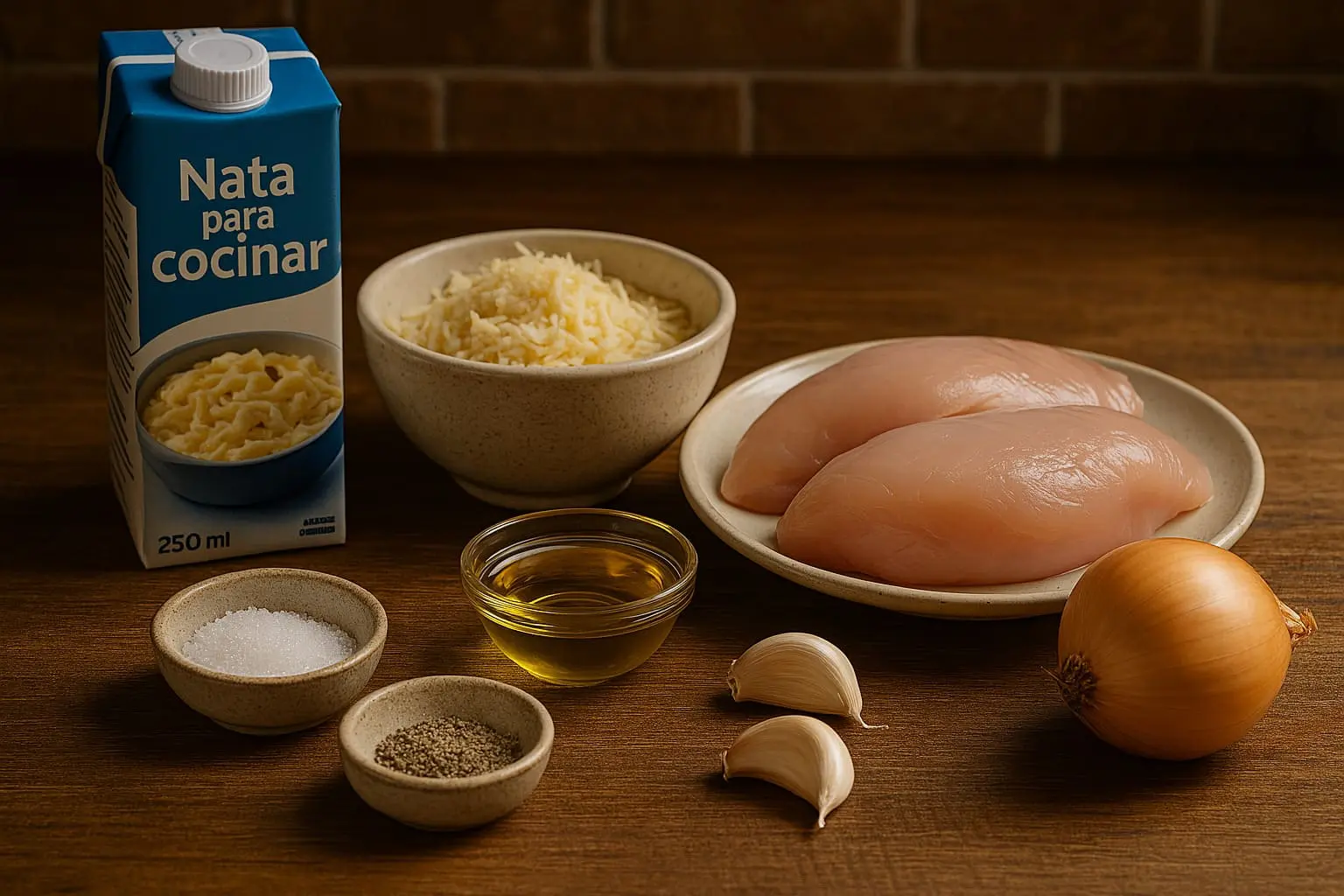 Ingredientes para pechugas de pollo en salsa de queso: pollo, nata, queso, cebolla, ajo, aceite, sal, pimienta