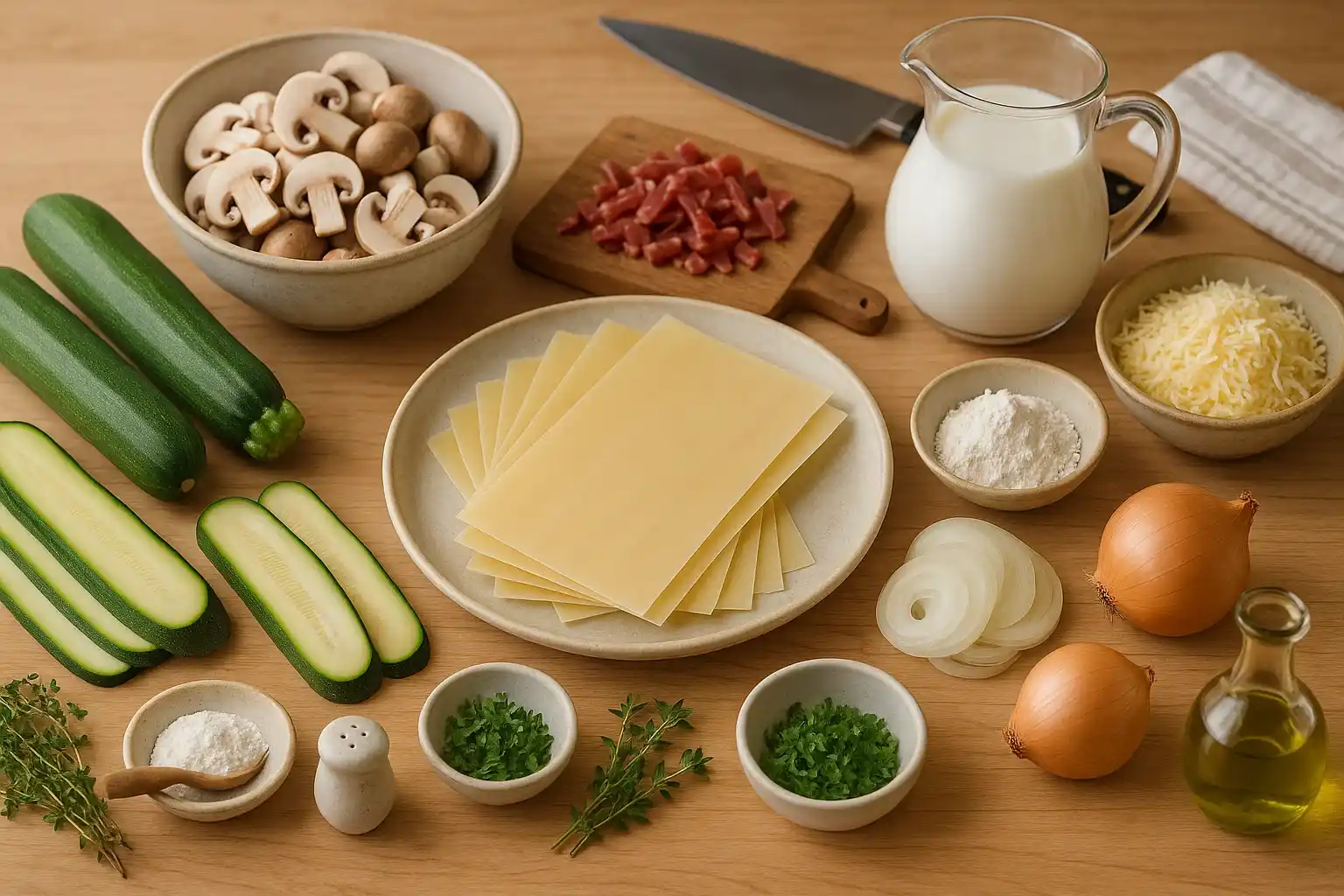 Ingredientes para lasaña de calabacín, champiñones y jamón: calabacín, champiñones, jamón, cebolla, láminas de lasaña, leche, harina, queso.
