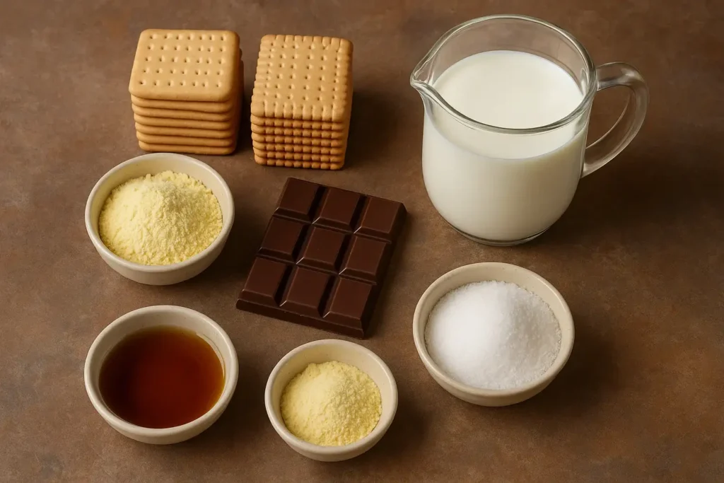 Ingredientes para la tarta de la abuela: paquetes de galletas María, tableta de chocolate, sobre de natillas, leche, coñac y azúcar.