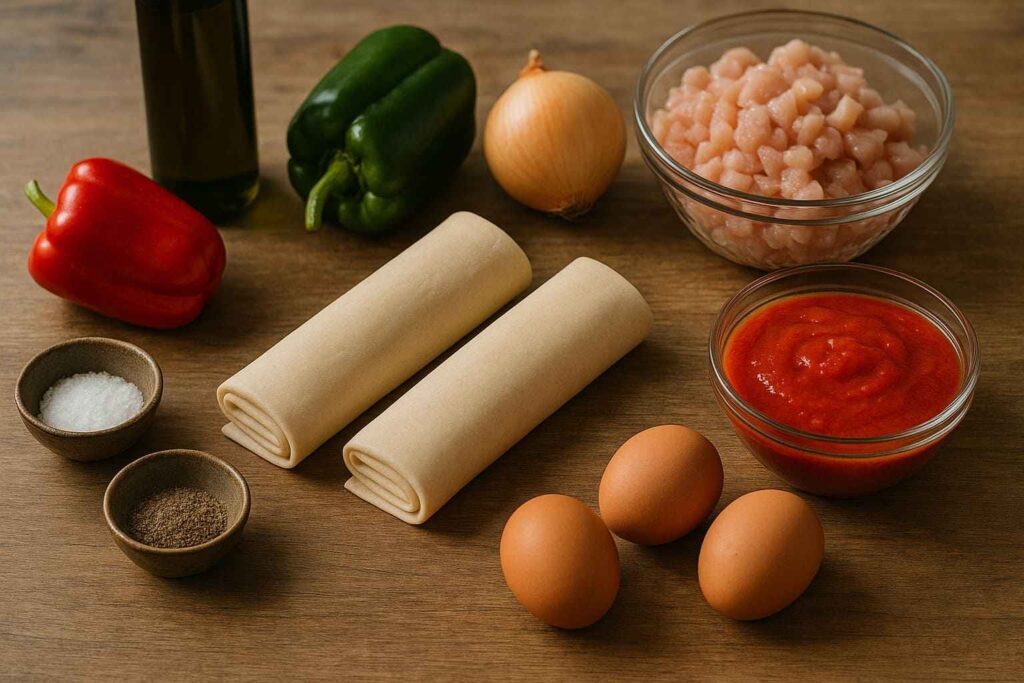Ingredientes para la empanada de hojaldre con pollo y verduras sobre una superficie clara.