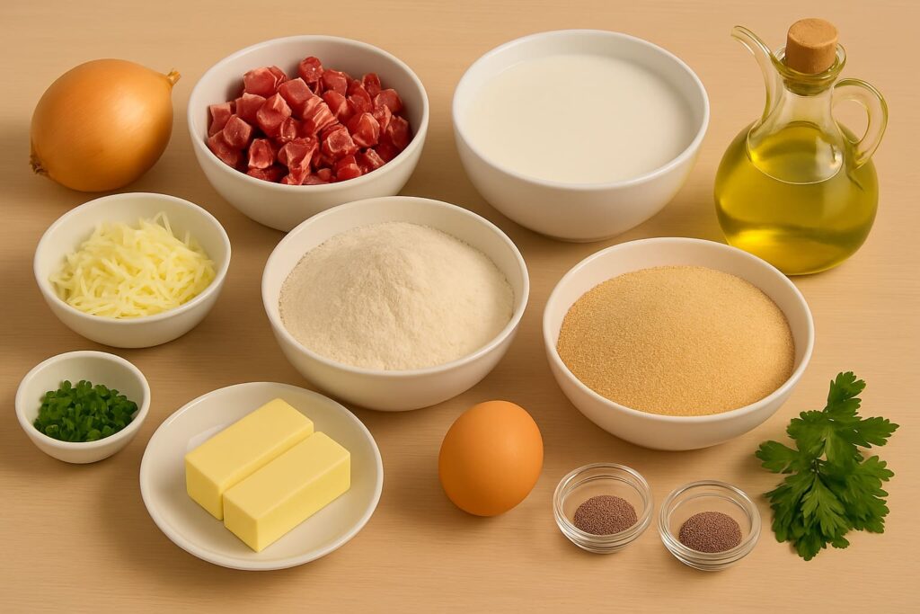 Ingredientes para Croquetas de jamón y queso cremosas: jamón, queso, leche, harina, mantequilla, cebolla, huevo y pan rallado.