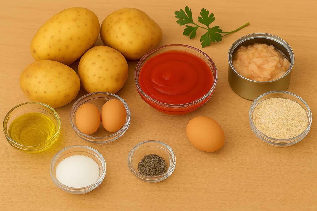 Ingredientes para la receta de patatas rellenas de atún y huevo