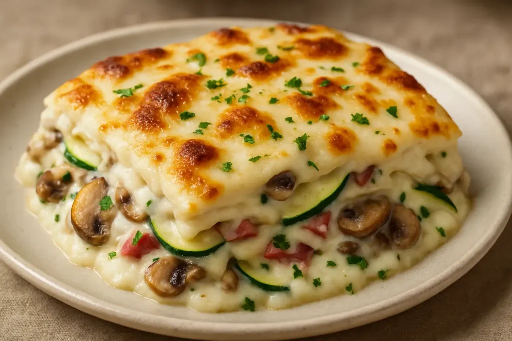 Porcion de Lasaña casera de calabacín, champiñones y jamón con bechamel y abundante queso gratinado, lista para comer.