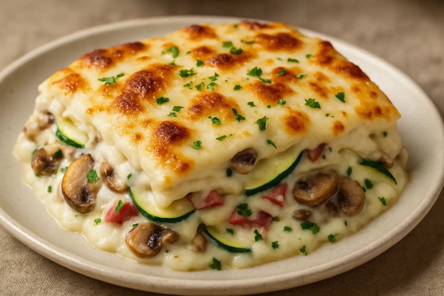 Porcion de Lasaña casera de calabacín, champiñones y jamón con bechamel y abundante queso gratinado, lista para comer.