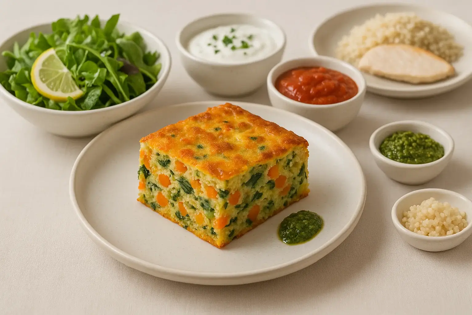 Trozo de Pastel de verduras horneado en fuente blanca, acompañado de ensalada verde, salsa de yogur y quinoa sobre encimera de cocina.