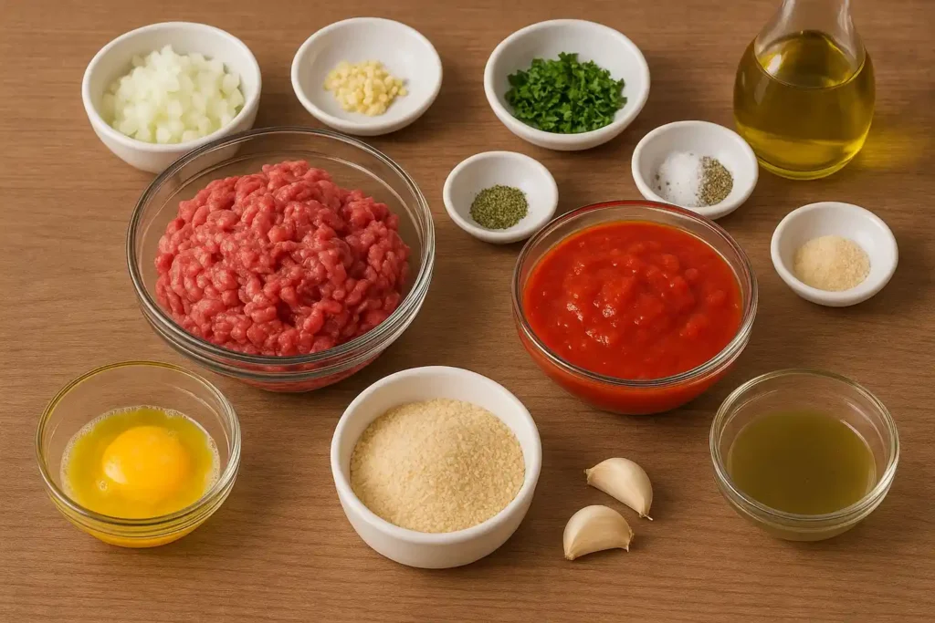 Ingredientes para albóndigas en salsa de tomate: carne picada, huevo, pan rallado, ajo, perejil, tomate triturado, cebolla.