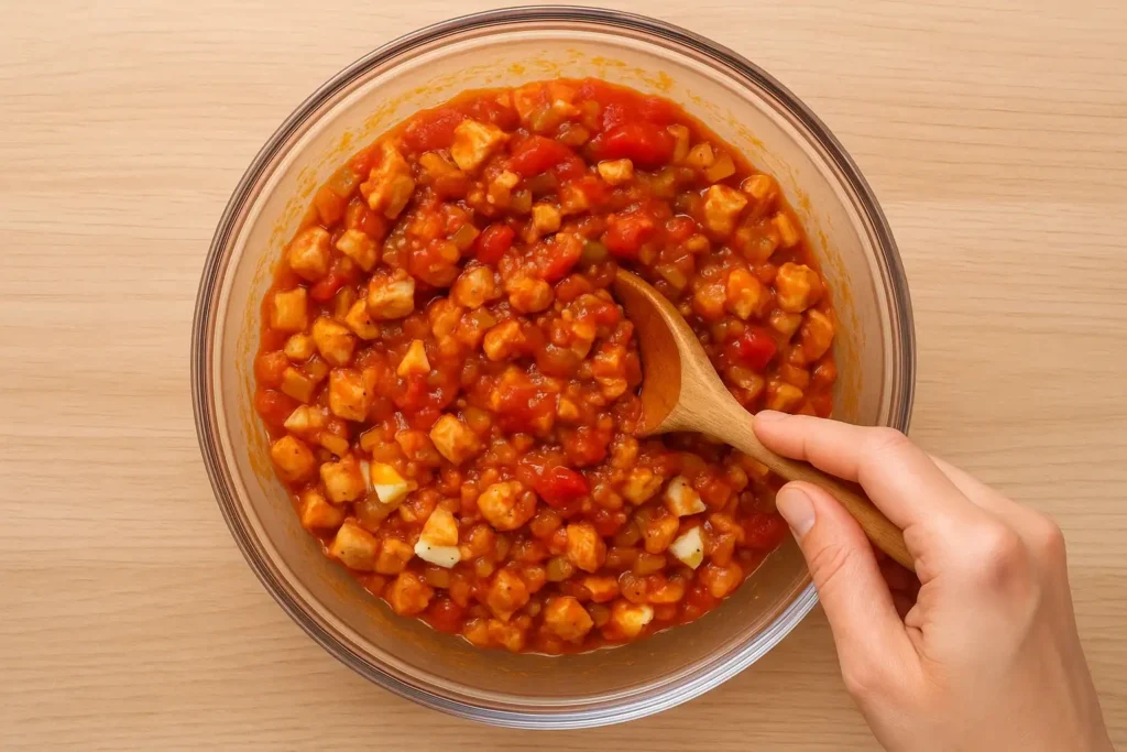 Mezcla de pollo, verduras y tomate para el relleno de la empanada de hojaldre en un bol.