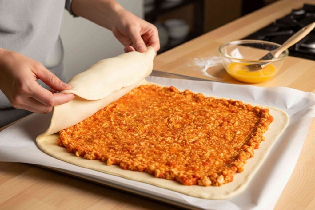 Montaje de la empanada de hojaldre, con el relleno extendido y los bordes pintados con huevo, lista para sellar.