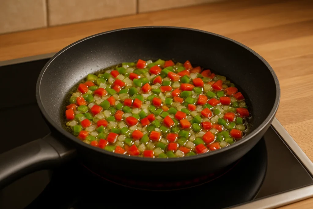 Verduras pochándose en una sartén para el relleno de la empanada de hojaldre.