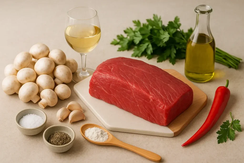 Ingredientes frescos para la receta de solomillo de cerdo con champiñones en salsa: solomillo, champiñones, vino, ajo, harina.