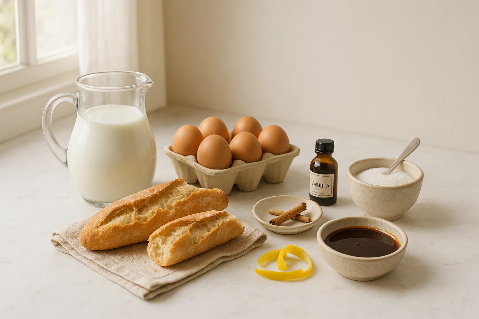 Ingredientes para pudin de pan de la abuela: pan, leche, huevos, azúcar, canela y limón.