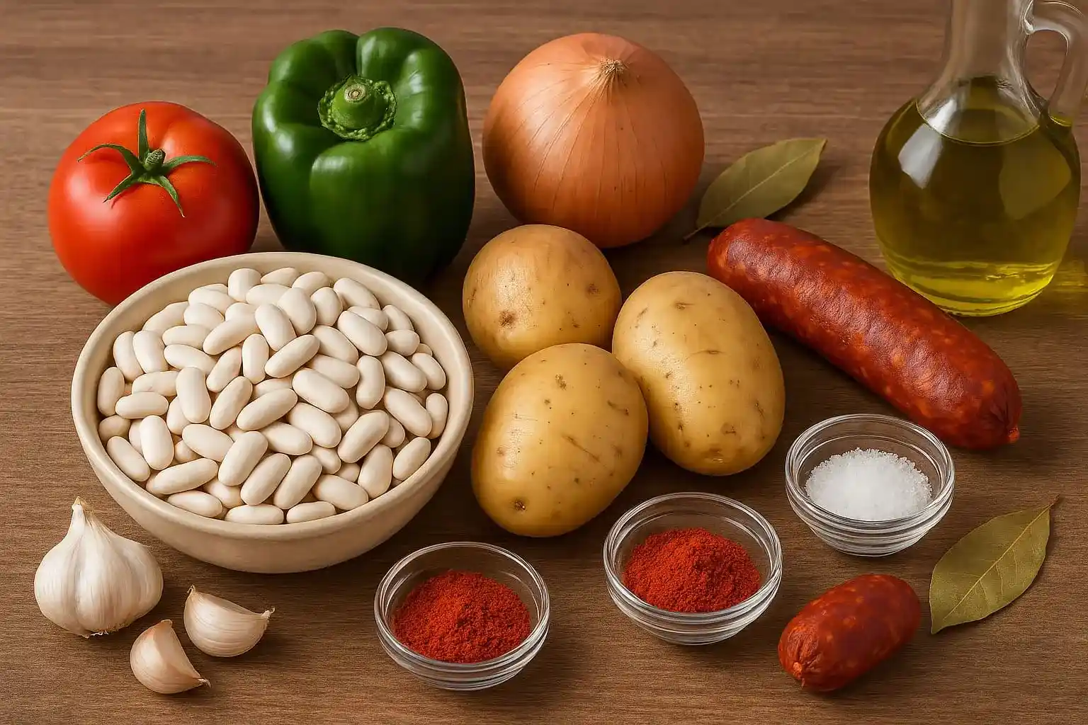 Ingredientes para el potaje de habichuelas andaluz: habichuelas blancas, chorizo, patatas, cebolla, pimiento, ajo, tomate, laurel, pimentón, aceite y sal.