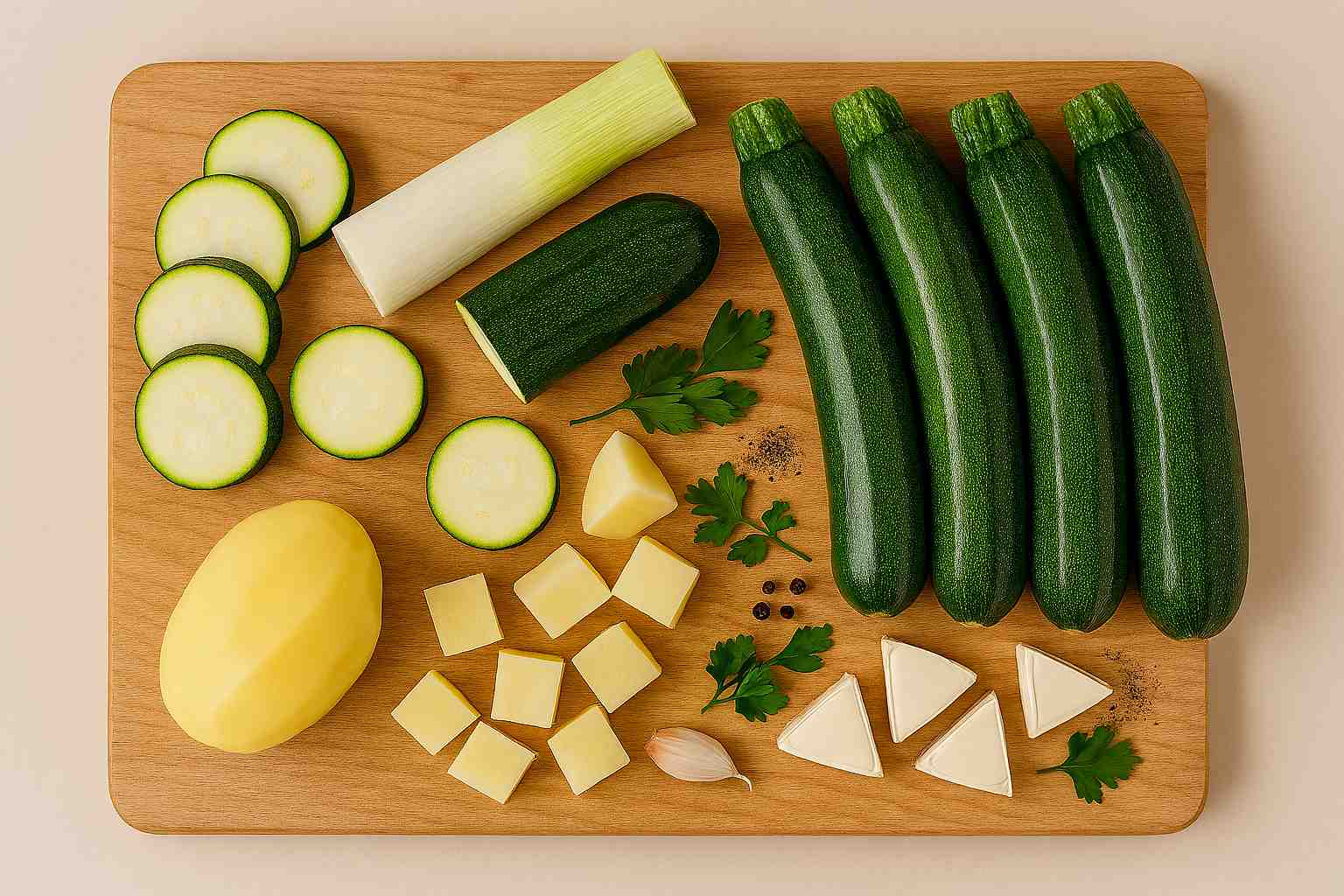 Ingredientes clave para una crema de calabacín cremosa: calabacines verdes, un puerro fresco, una patata y unos quesitos.