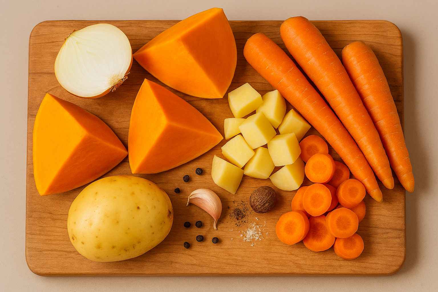 Ingredientes para la receta de crema de calabaza y zanahoria Ingredientes frescos para la crema de calabaza casera: calabaza, zanahorias, patata y cebolla sobre una tabla de cortar.