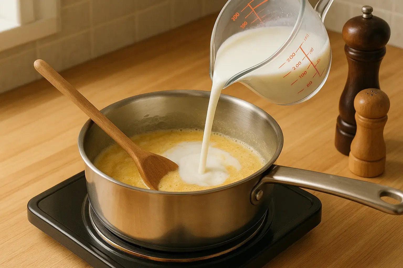 Preparando salsa bechamel casera en un cazo.