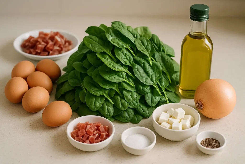 Ingredientes frescos para la tortilla de espinacas con jamón y queso: espinacas, huevos, jamón, queso y cebolla.