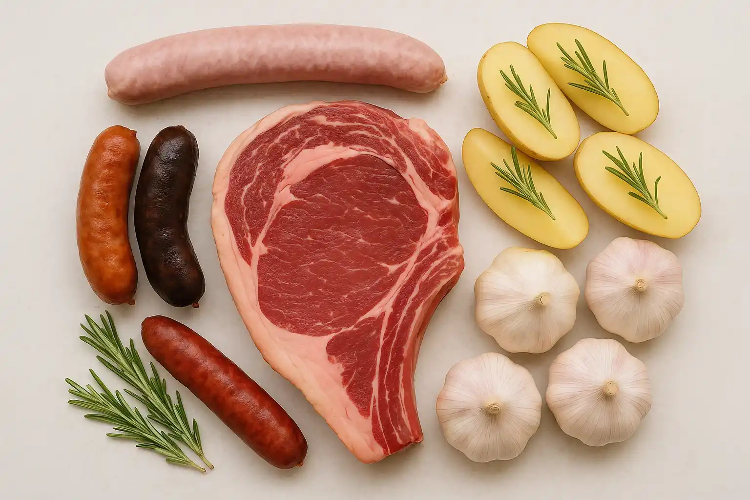 Ingredientes frescos para parrillada de carne con patatas y ajos sobre una mesa de madera.