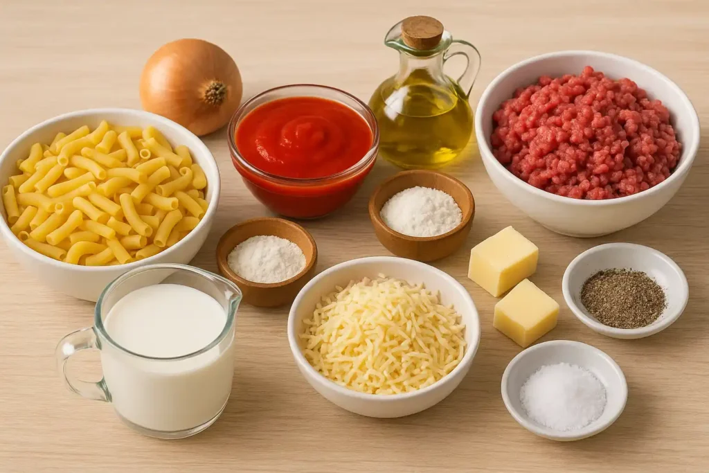 Ingredientes para preparar macarrones con carne picada, bechamel y queso.
