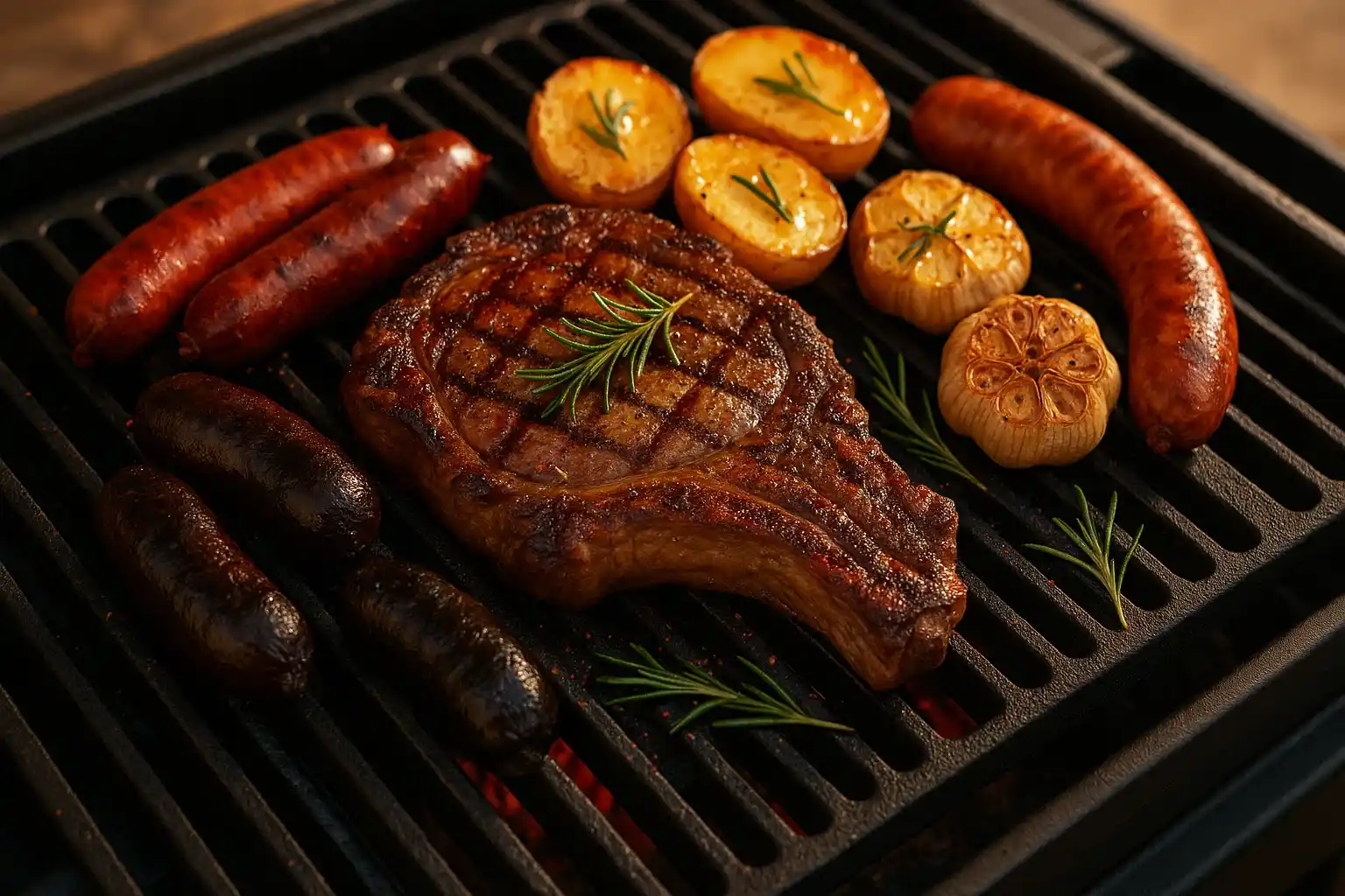 Parrillada de carne con patatas y ajos lista para comer