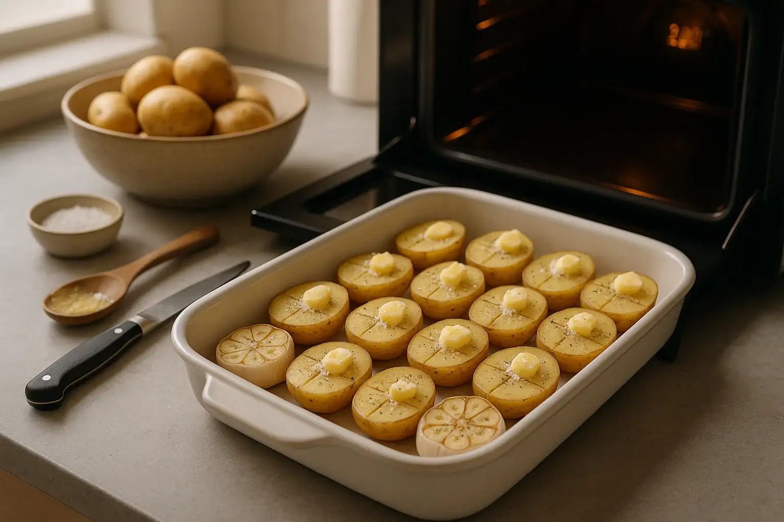 Patatas y ajos sazonados en una bandeja listos para hornear.
