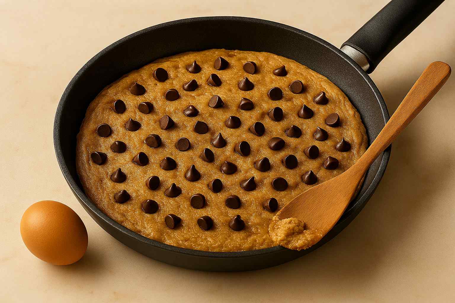 Masa cruda de la galleta gigante extendida en la sartén antiadherente cociendose con sus petitas de chocolate.