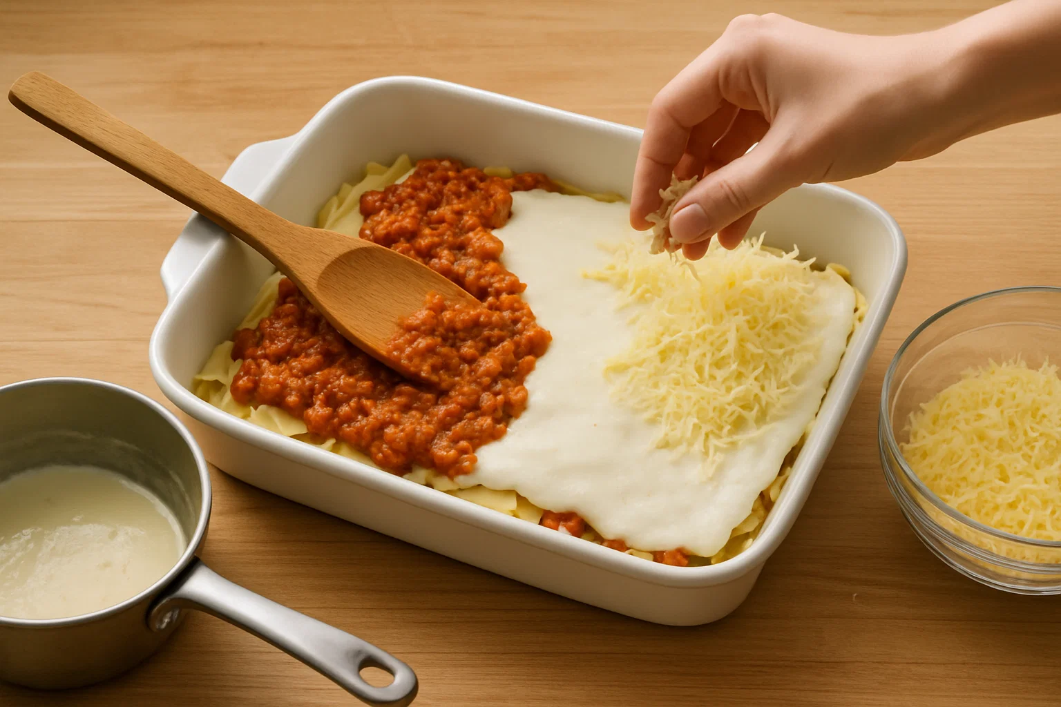 Fuente de horno con capas de macarrones, carne, bechamel y queso, lista para gratinar.