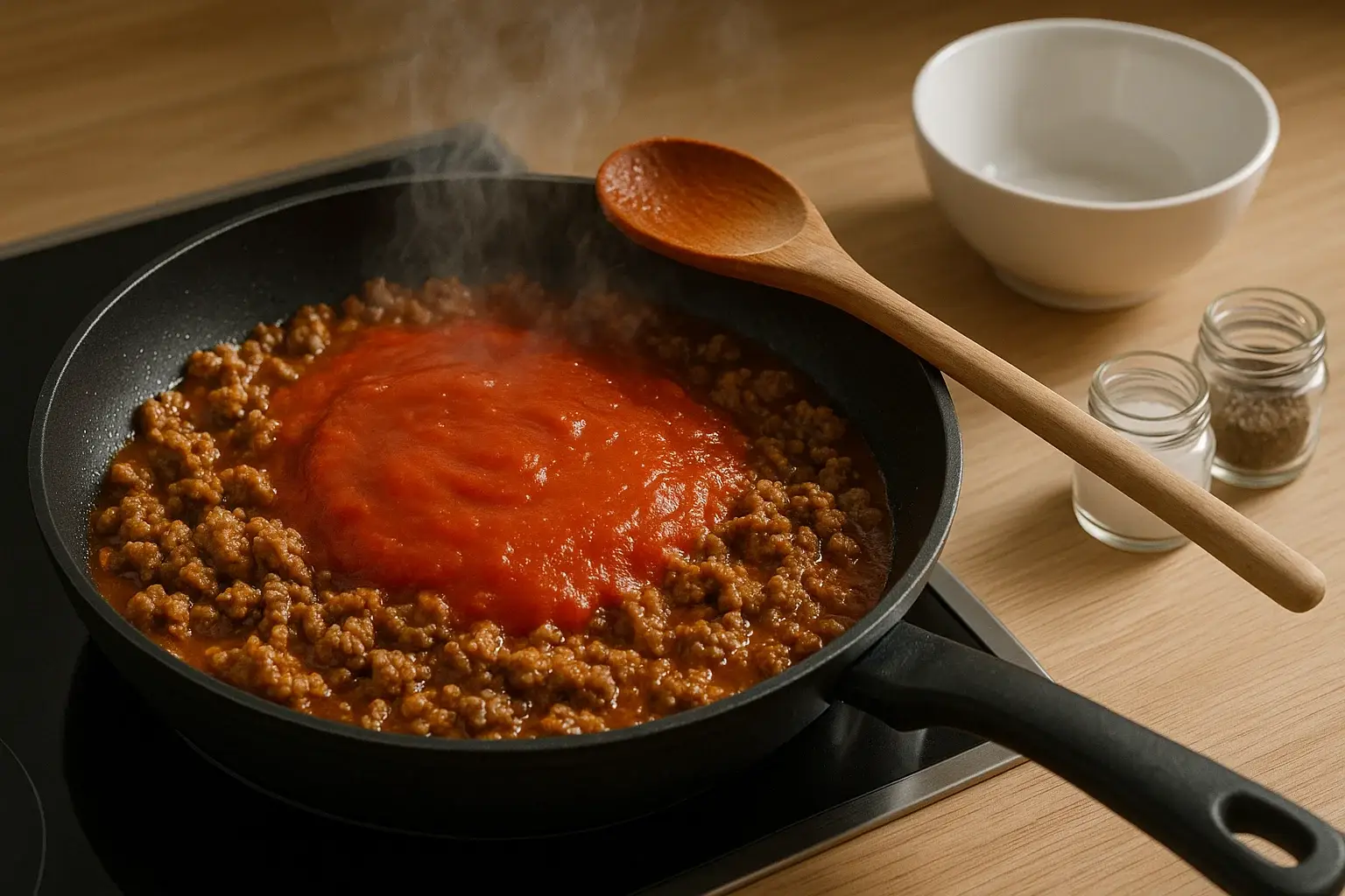 Salsa de carne picada con tomate cocinándose en una sartén.