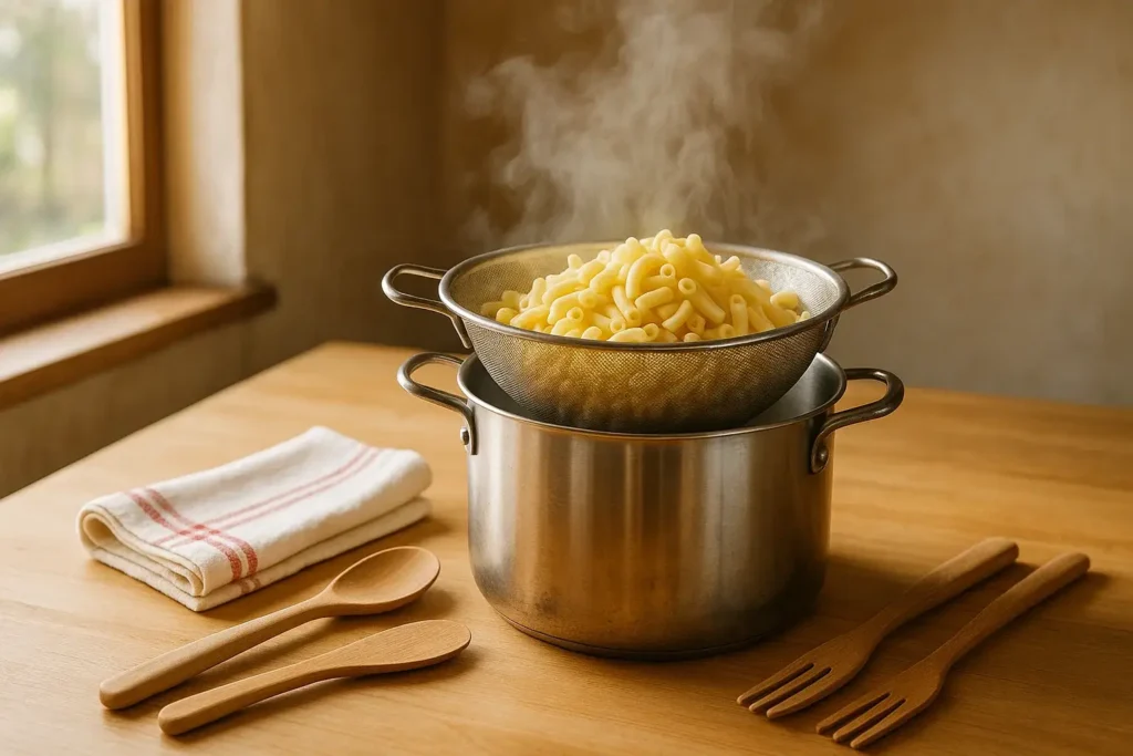 Cociendo macarrones en una olla con agua hirviendo.