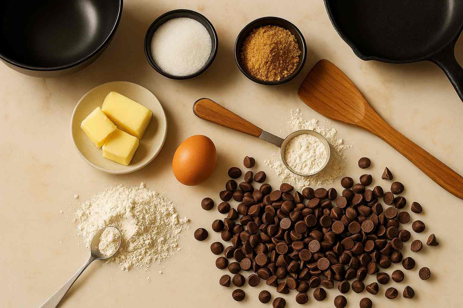 Ingredientes para la receta de galleta gigante en sartén: mantequilla, azúcar, harina, huevo y pepitas de chocolate.