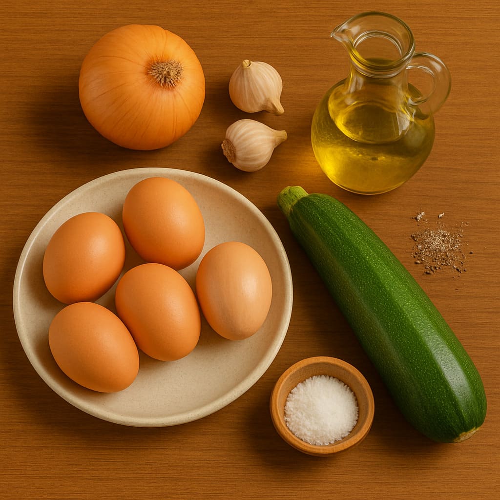 Ingredientes para tortilla de calabacín y cebolla: calabacines frescos, cebolla hermosa, huevos camperos, aceite de oliva virgen extra y sal.