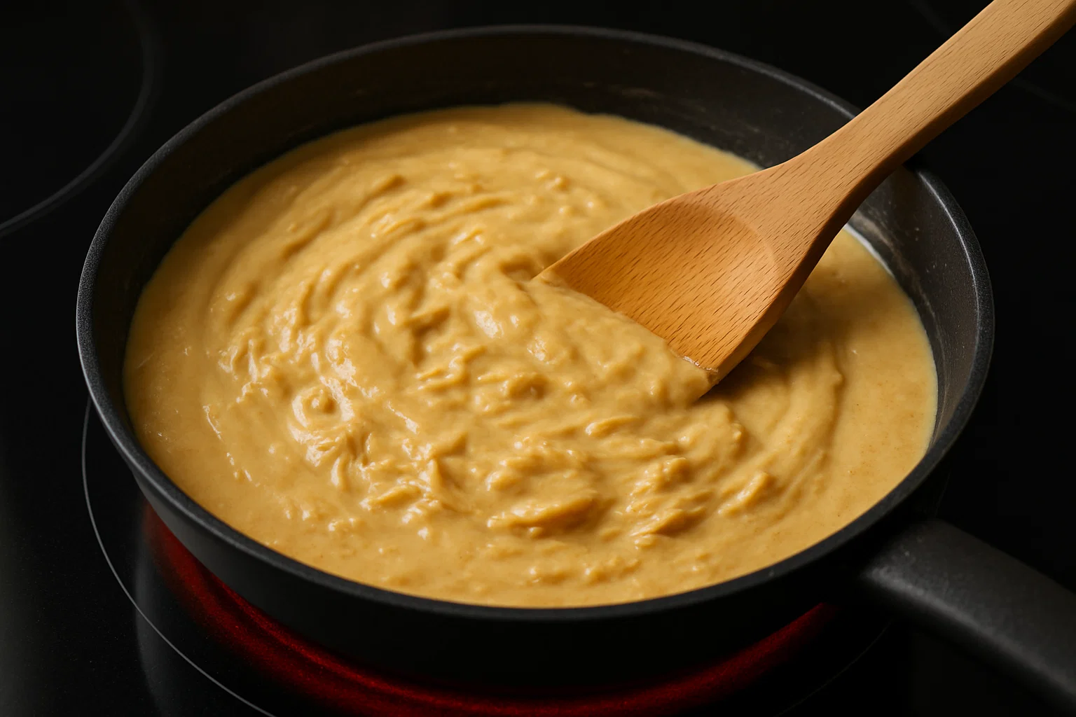 Sartén con la masa de bechamel cremosa y el pollo desmenuzado ya integrados, mostrando la textura perfecta de la masa de las croquetas.