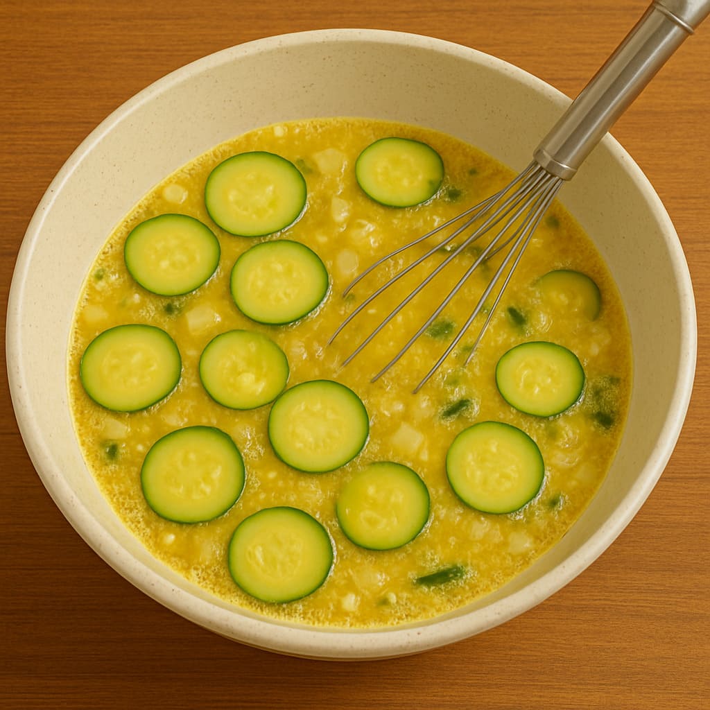 Mezcla de calabacín y cebolla pochados con huevos batidos en un bol grande, lista para cuajar la tortilla de calabacín.