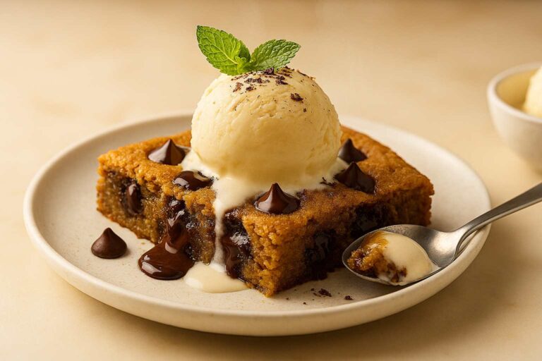 Porción de galleta gigante de chocolate casera servida en plato blanco con una bola de helado de vainilla derritiéndose, sobre mármol blanco.