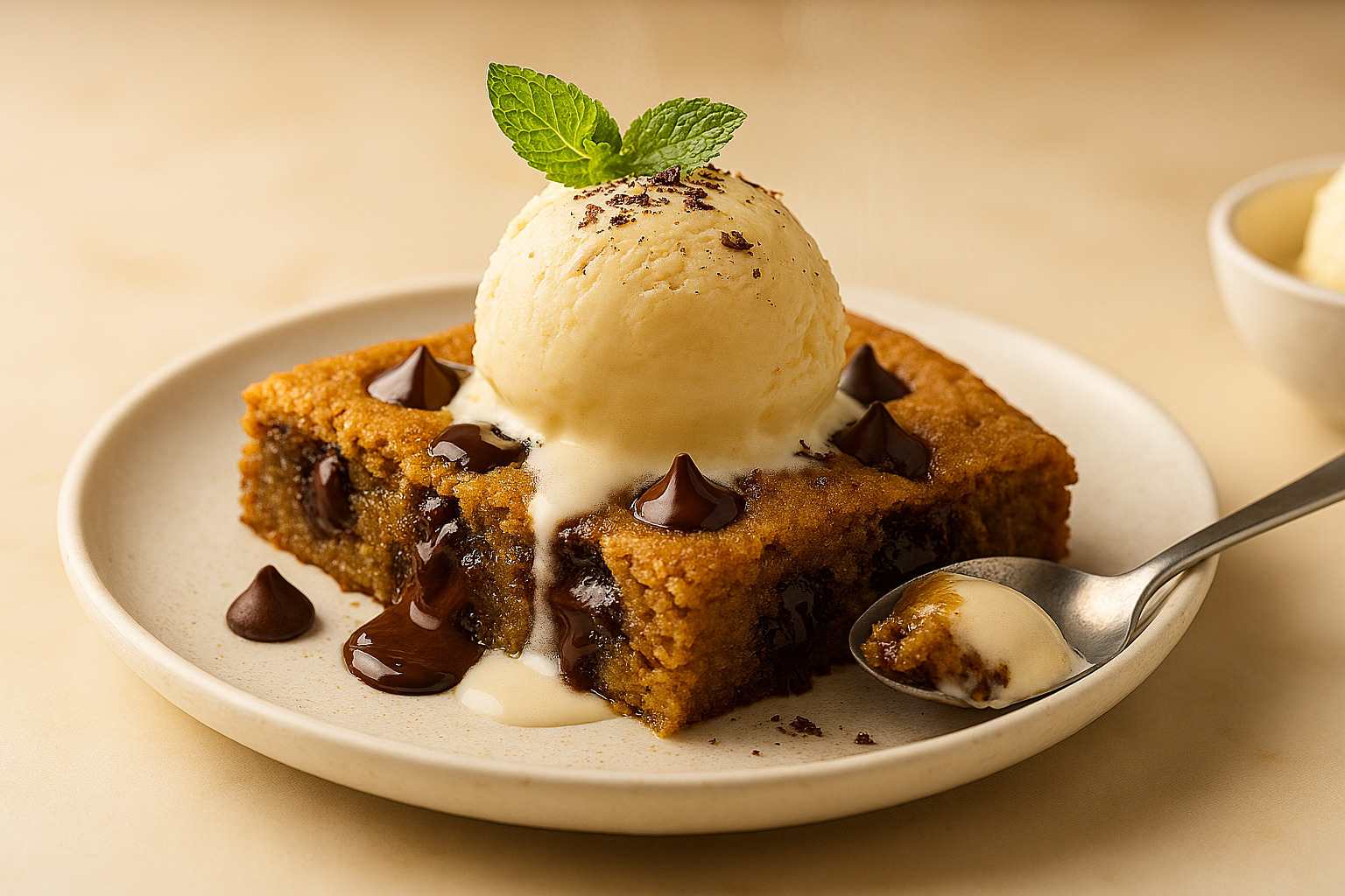 Porción de galleta gigante de chocolate casera servida en plato blanco con una bola de helado de vainilla derritiéndose, sobre mármol blanco.