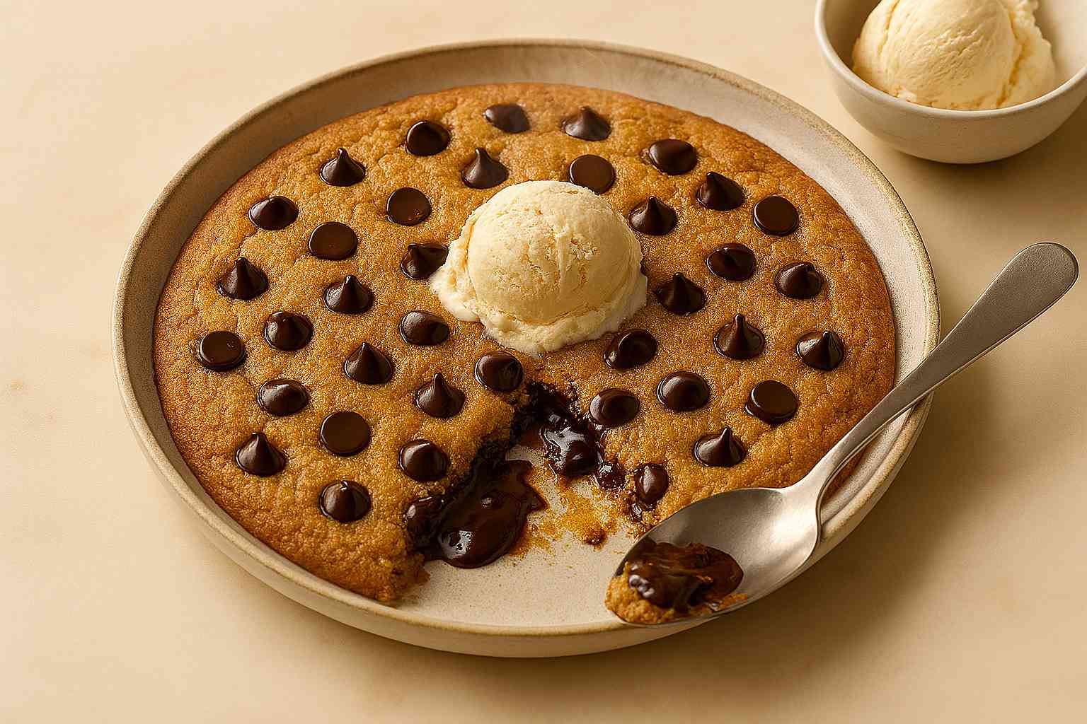 Galleta gigante servida en la sartén con una bola de helado de vainilla derritiéndose encima.