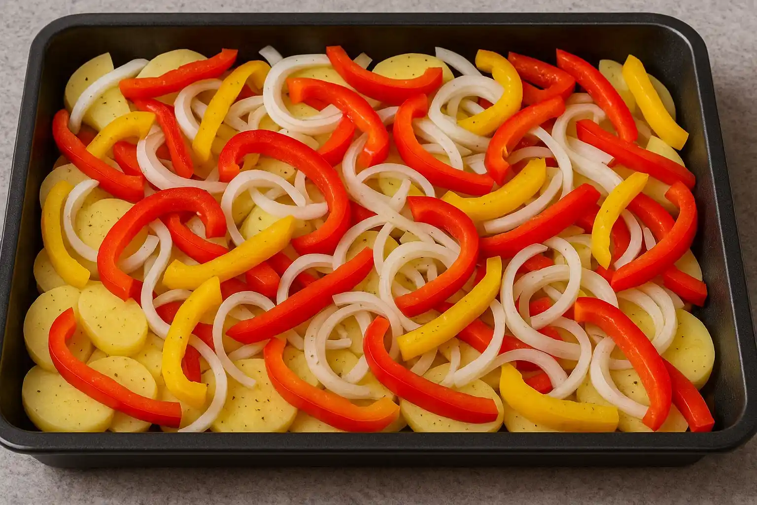 Bandeja de horno con patatas, cebolla y pimientos listos para el pollo.