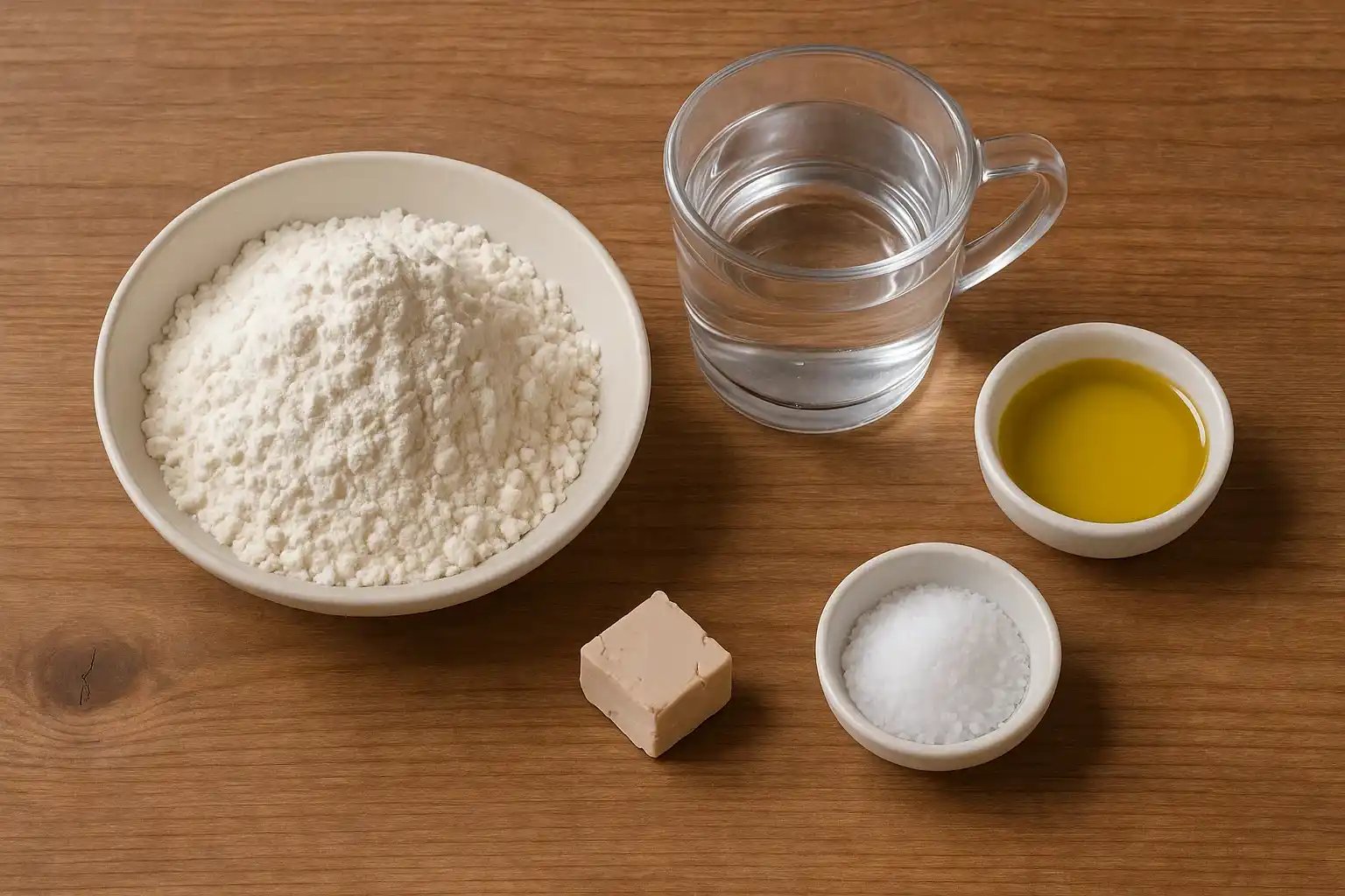 Ingredientes para masa de pizza casera: harina, agua, levadura, sal y aceite de oliva.