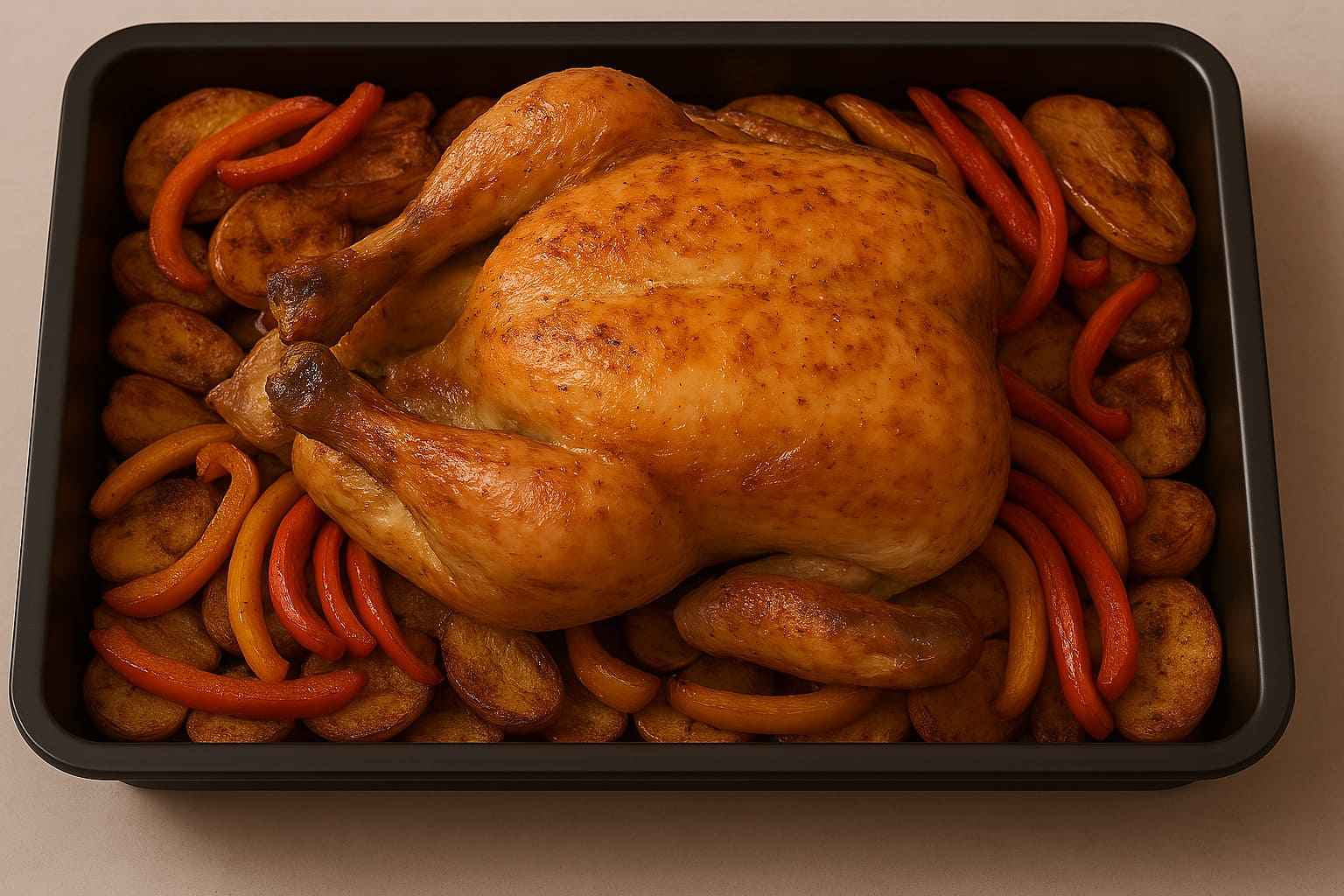 Pollo al horno entero y jugoso con patatas doradas, receta fácil con trucos para un resultado perfecto.
