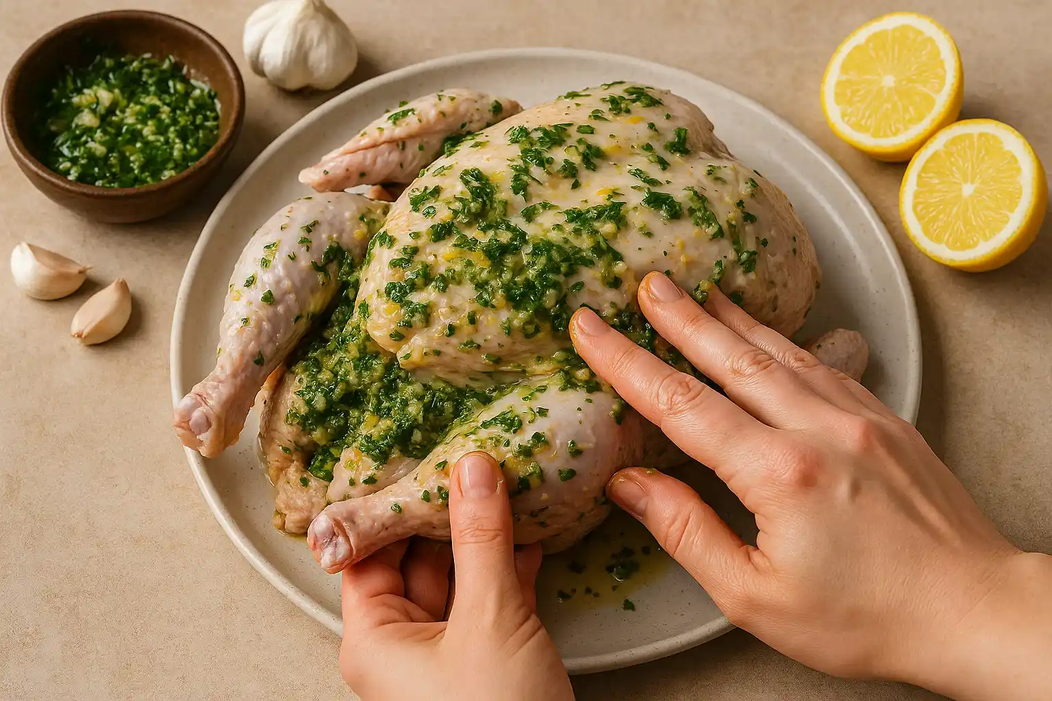 Pollo entero siendo frotado con marinado de hierbas, ajo y limón.