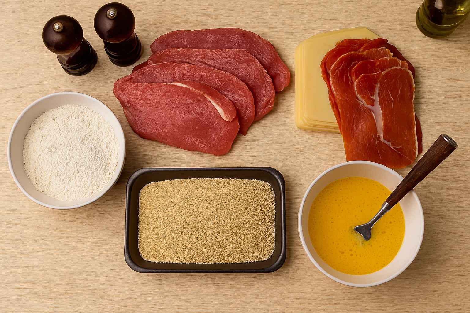 Ingredientes para hacer flamenquines cordobeses caseros: filetes de lomo, jamón serrano, queso, huevos y pan rallado.