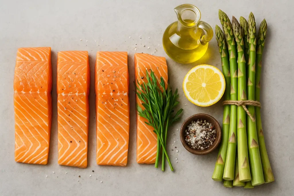 Ingredientes frescos para salmón con espárragos trigueros: lomos de salmón, manojo de espárragos, limón, ajo y aceite de oliva.