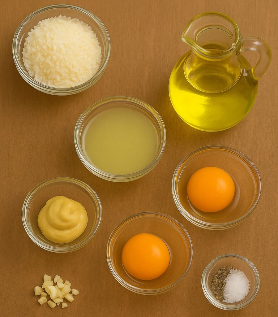 Ingredientes para la salsa César: yema de huevo, ajo, zumo de limón, mostaza Dijon, aceite de girasol, queso parmesano, sal y pimienta.